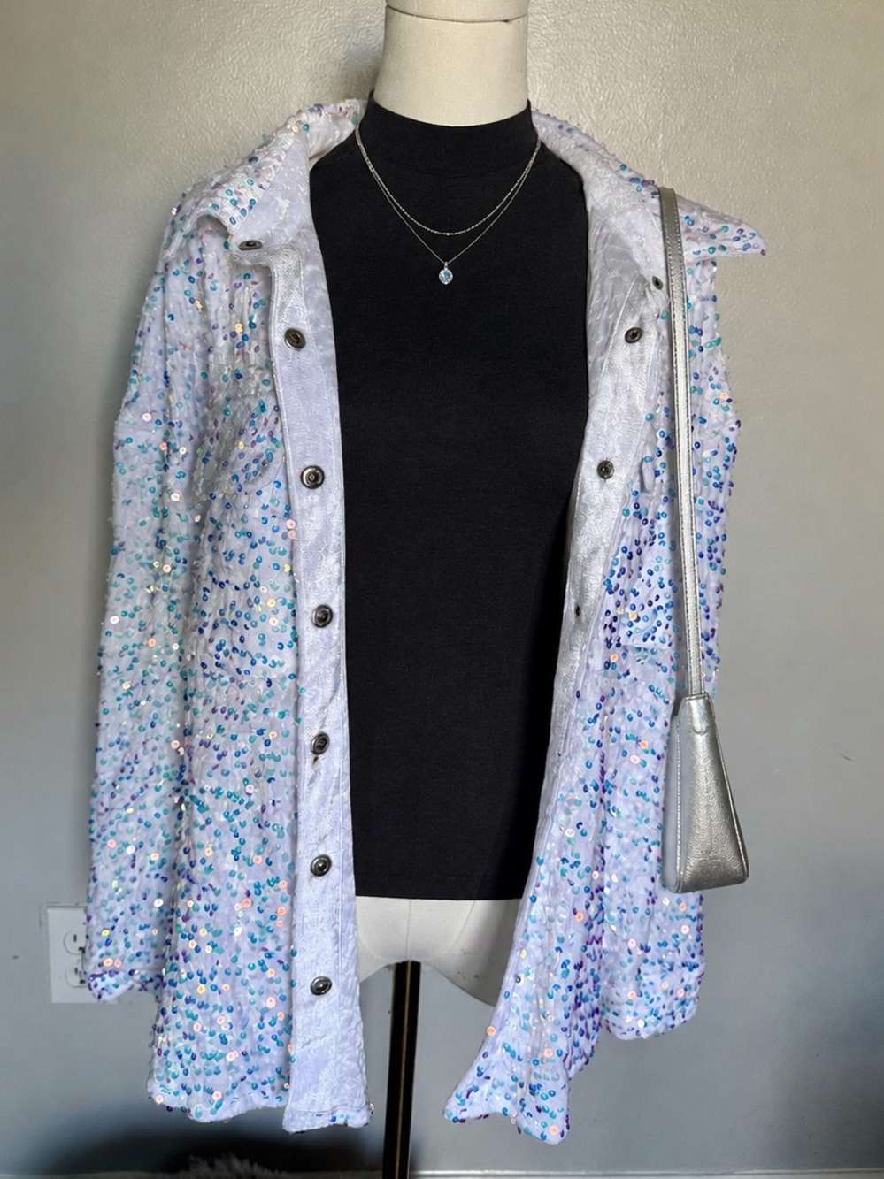white birch white Plush button down with Iridescent Sequin